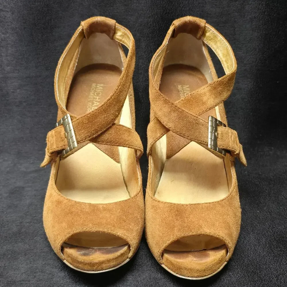Michael Kors Brown Leather Peep Toe Ankle Strap Gold Cone High Heel Shoe
